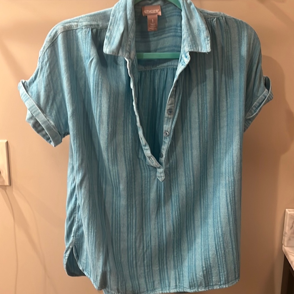 Chicos Blue Striped Short Sleeve
